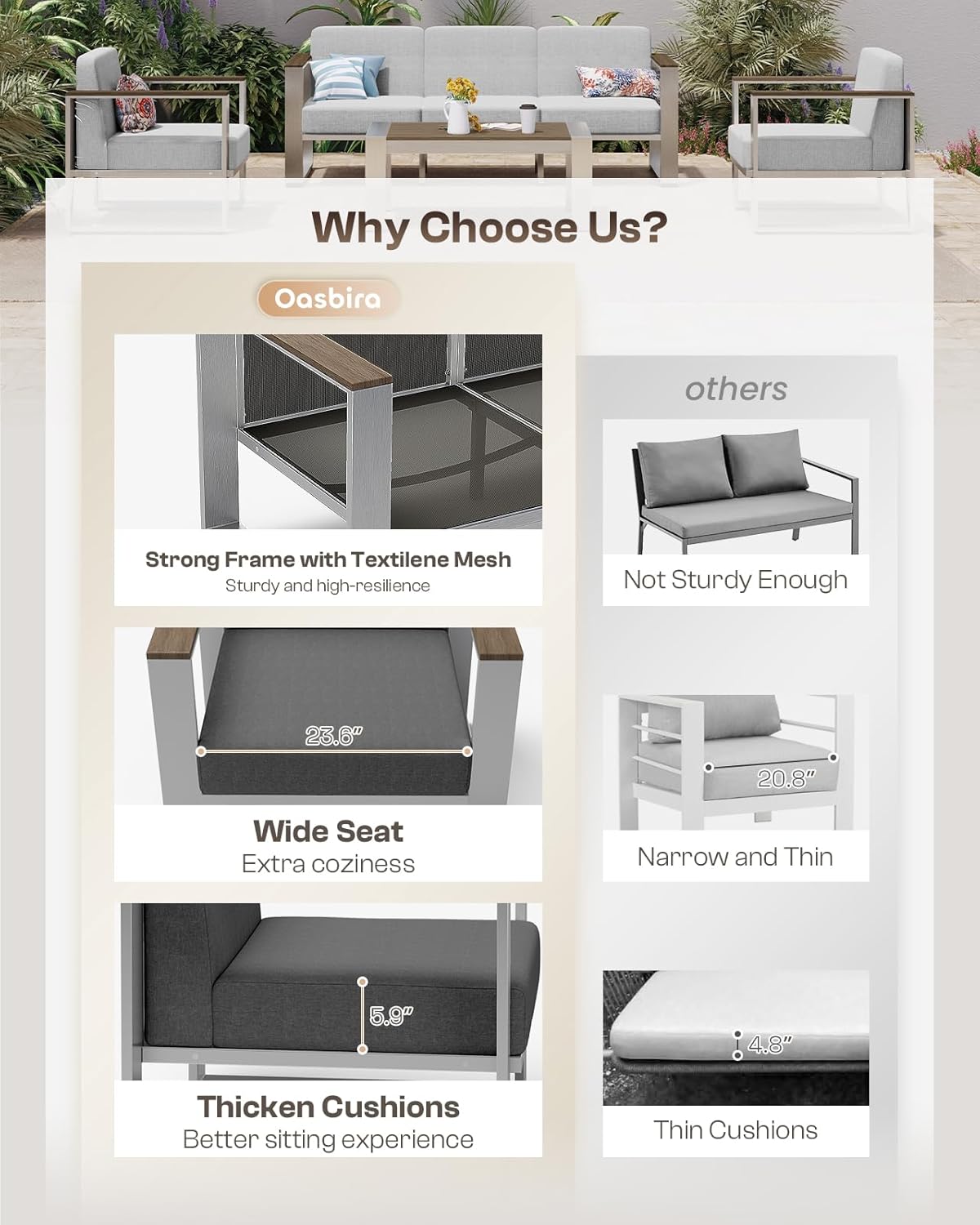 Outdoor Furniture Set, 5 Piece Aluminum Patio Furniture Set with Coffee Table, Wide Seat and Thick Cushions, Outdoor Patio Conversation Sets for Deck, Porch (Darkgray)