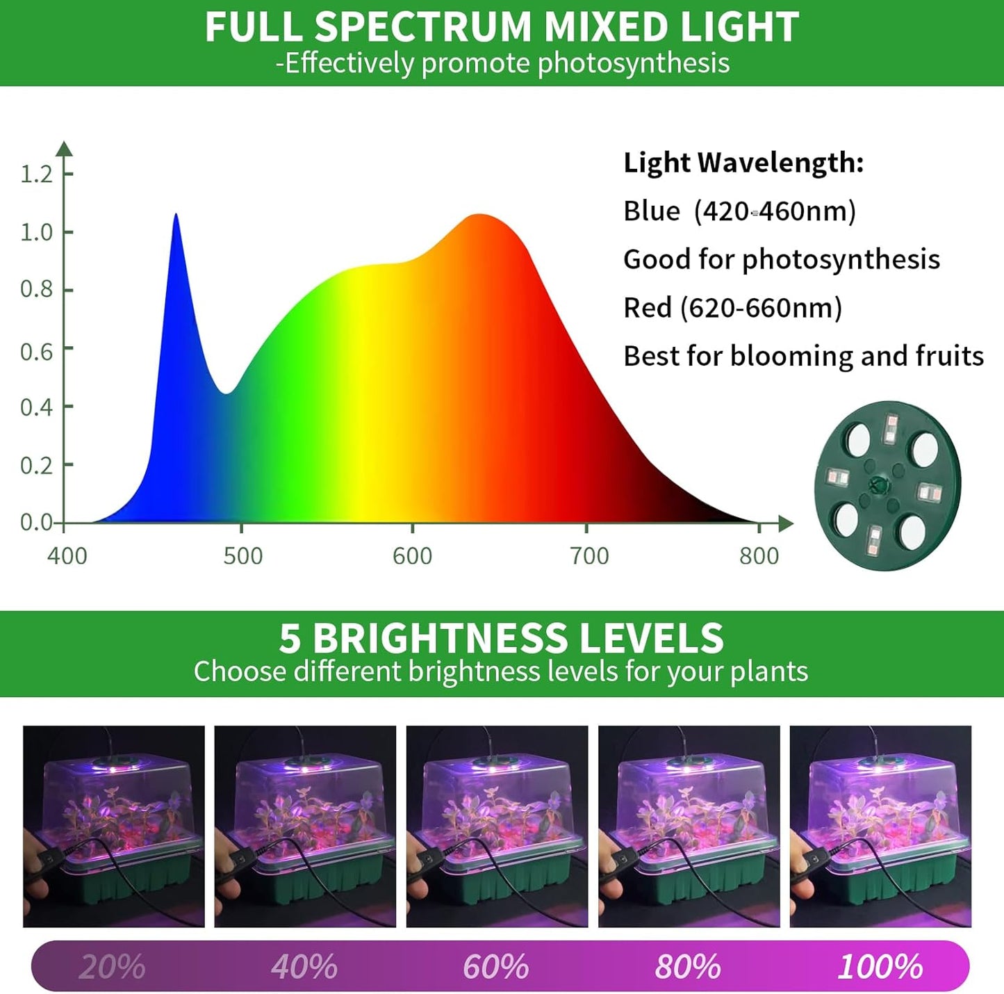 Seed Starter Tray with Plant Light, 4 Pack Grow Lights for Seed Starting Kit with Humidity Domes, Timing Controller Adjustable Brightness for Greenhouse Propagator Station Planting Growing