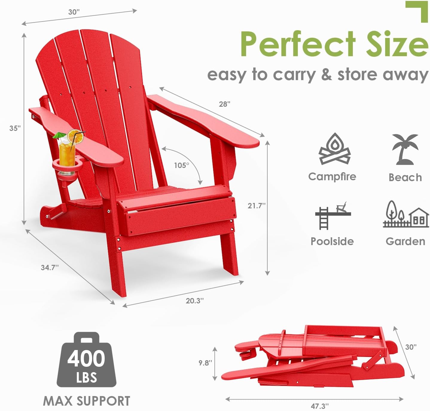 GREENVINES Folding-Adirondack-Chairs-Set-of-2 | HDPE Plastic | Fire Pit Chair | All Weather | Cup Holder | Red | for Deck Backyard Patio Outdoor Garden