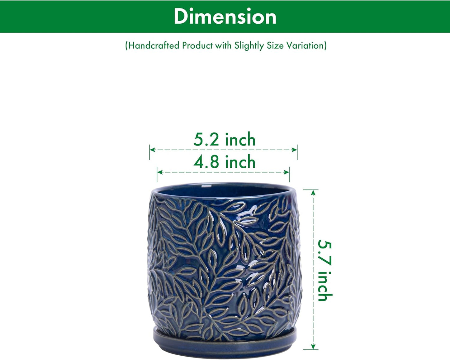 D'vine Dev 5 Inch Embossed Leaves Stoneware Planter Pot with Drainage Hole and Saucer, Midnight Blue, 27-A-V-3
