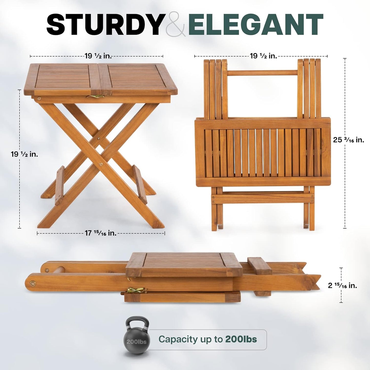 IDZO Mira Acacia Wood Folding Bistro Side Table Outdoor, 19.5 Inch x 19.5 Inch, Heavy Duty 200 Lbs Capacity Loading, Space-Saving for Garden & Balcony, No Assembly