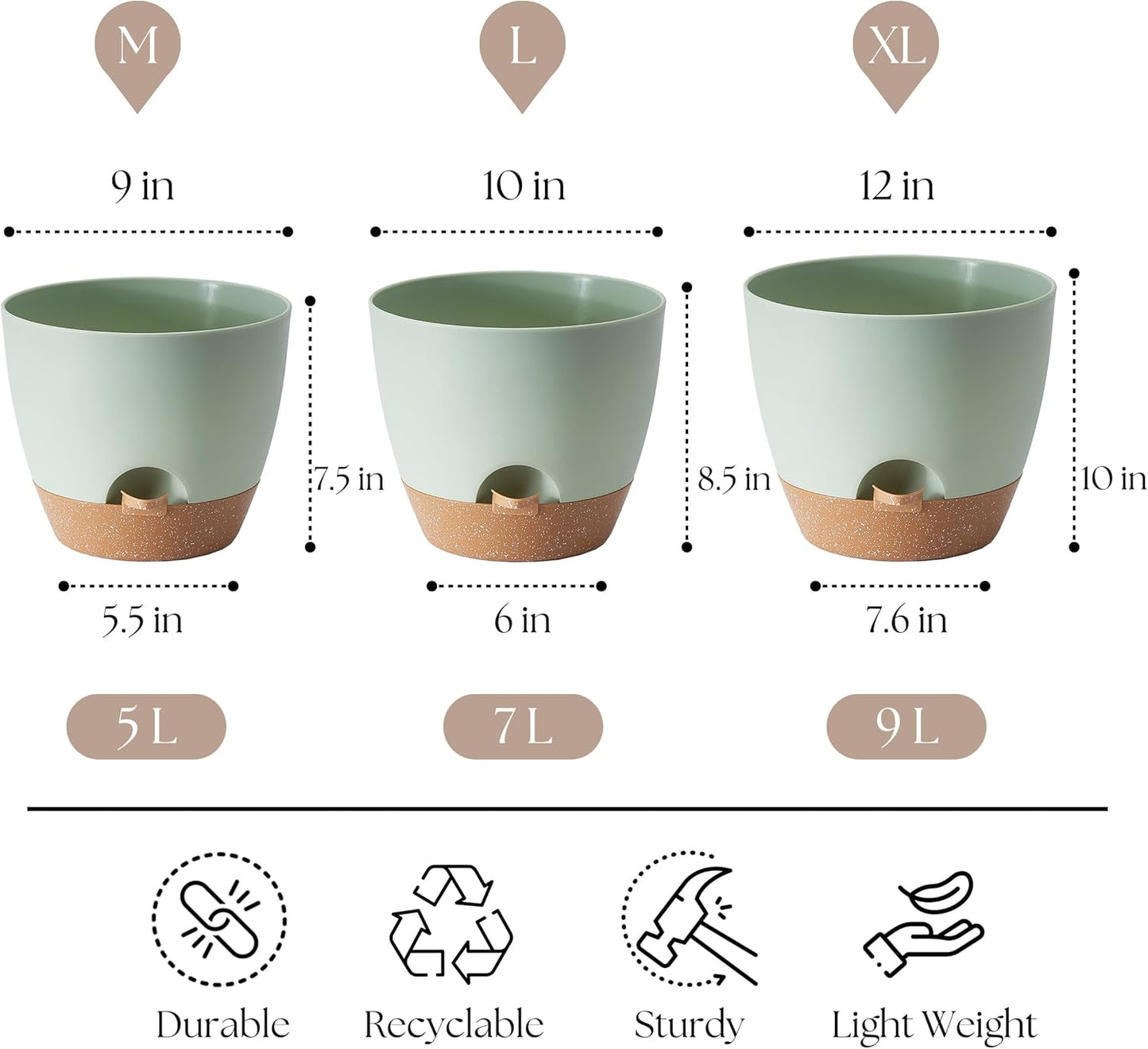 Plant Pots 12/10/9 inch Set of 3, Self Watering Flower Pots Indoor Outdoor, Planters with Drainage Hole Saucer Reservoir, Green