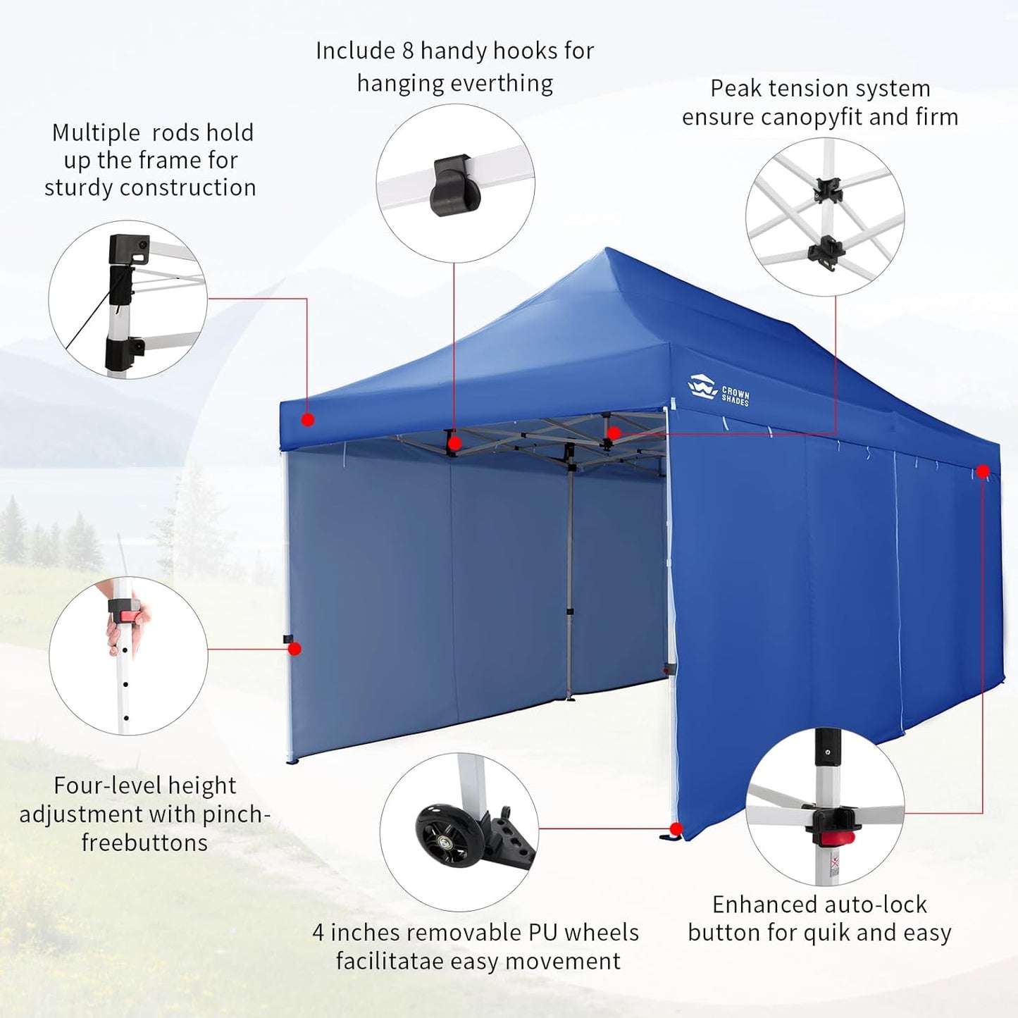 CROWN SHADES 10x20 Pop Up Canopy Tent, Thicken Frame Commercial Heavy Duty Tent, 4 Sidewalls 8 Stakes & 4 Sandbags & 4 Ropes, Outdoor Canopies for Events, Parties, Blue