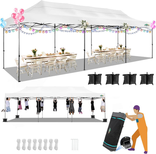 COBIZI 10x30 Pop up Canopy, Heavy Duty Outdoor Party Tents for Parties, Ez up UPF 50+ Waterproof Commercial Canopy with Wheeled Bag can fold, White(Windproof Upgraded)