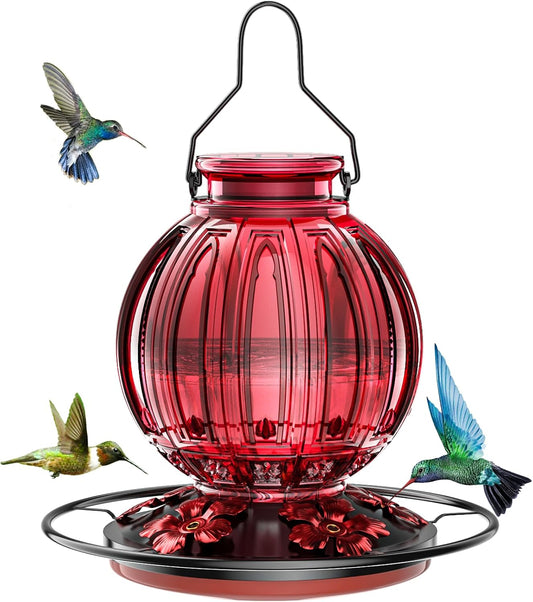 Glass Hummingbird Feeder for Outdoors Hanging, 26Oz Bird Nectar Feeder with Perch & 5 Flower Feeding Ports, Leak Proof for Outside Garden Decor Backyard, Gifts for Women Mom, Red