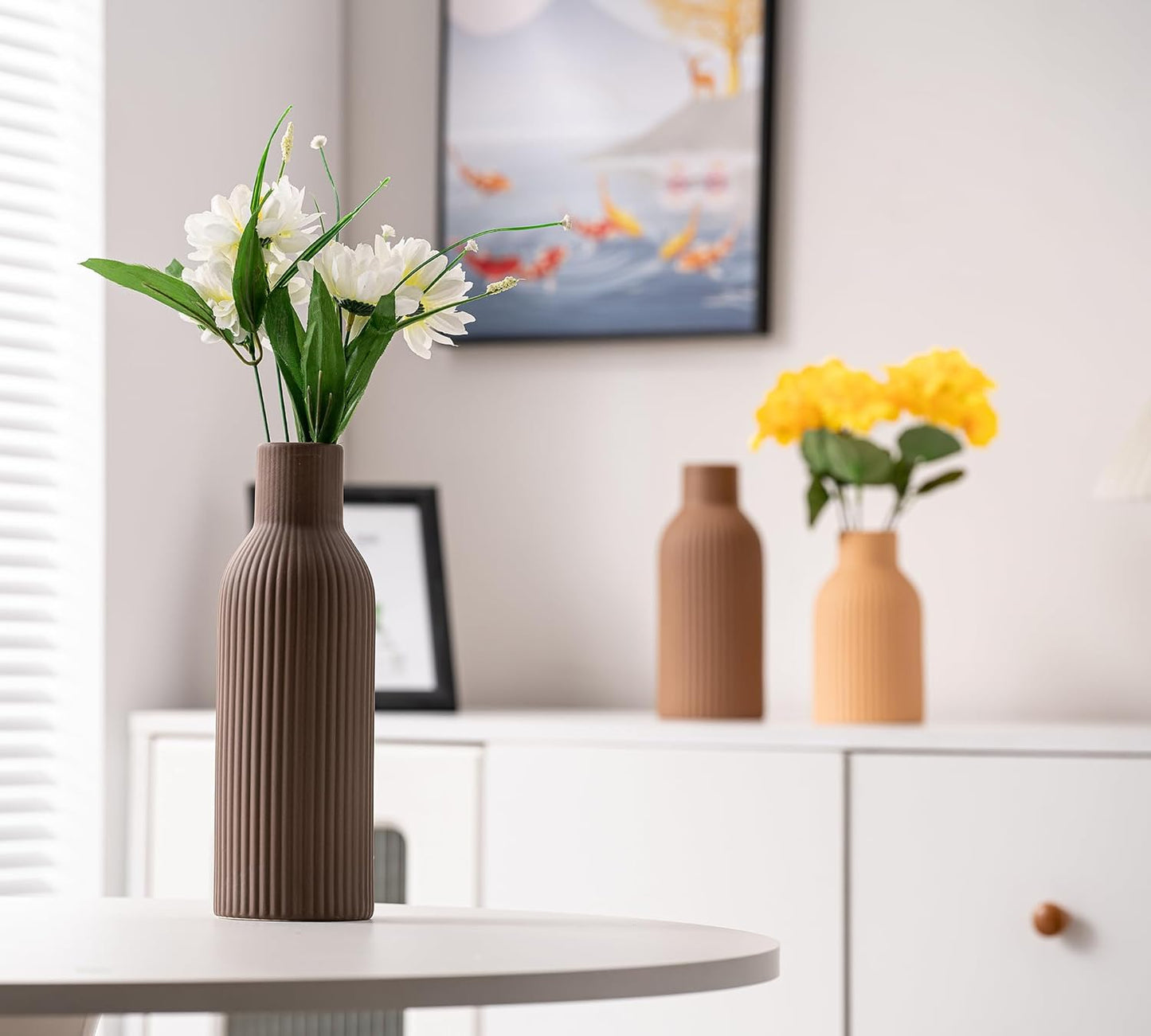 Ceramic Vase Set of 3, Flower Vases for Spring Room Decor, Kitchen Farmhouse, Modern Boho Style(Brown/Dark Brown/Orange)