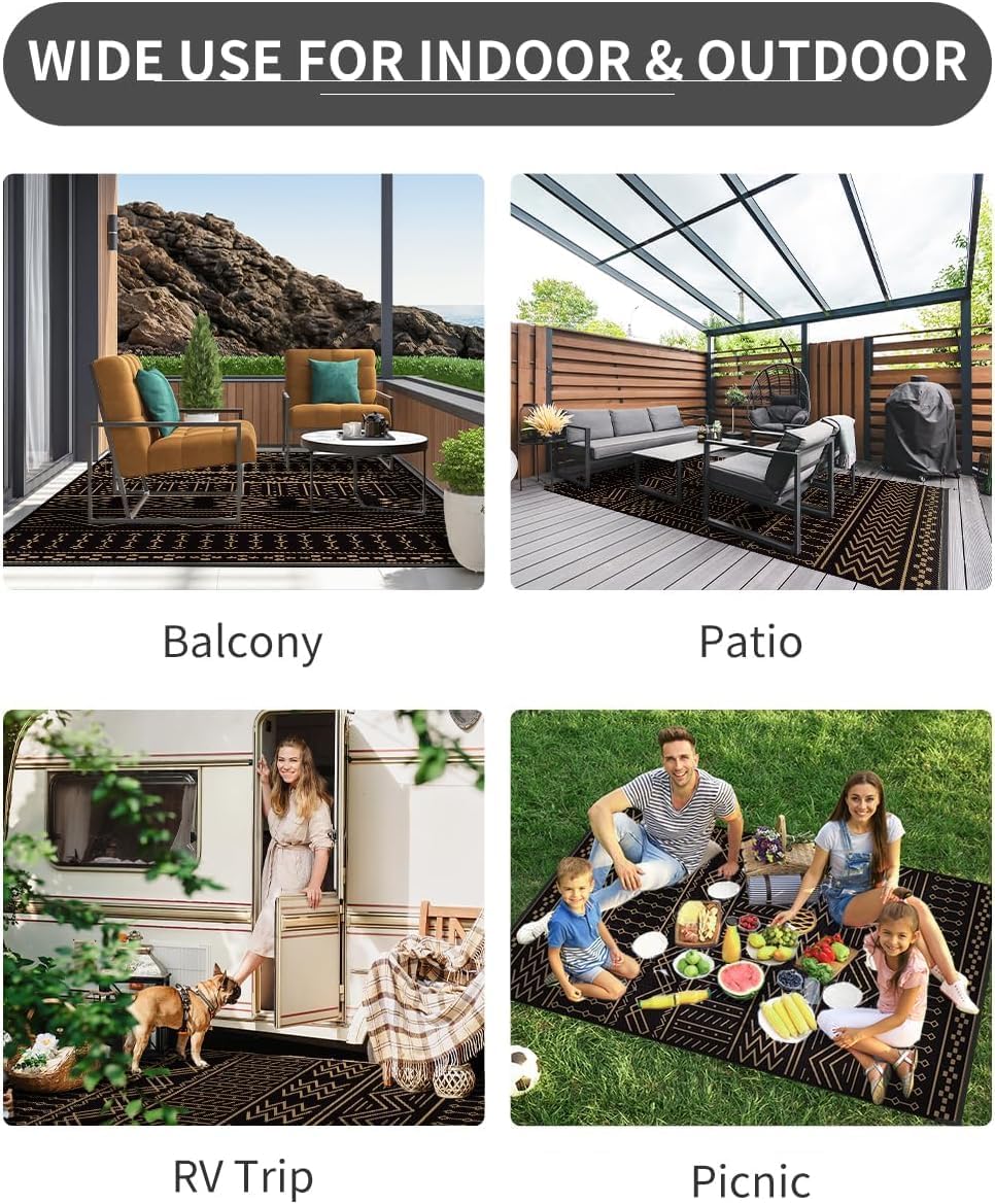 COCOER Outdoor Rug Carpet Waterproof 9x12 ft Patio Rug Mat Indoor Outdoor Area Rug for RV Camping Picnic Reversible Lightweight Plastic Straw Outside Rug for Patio Decor Decoration Boho Rug