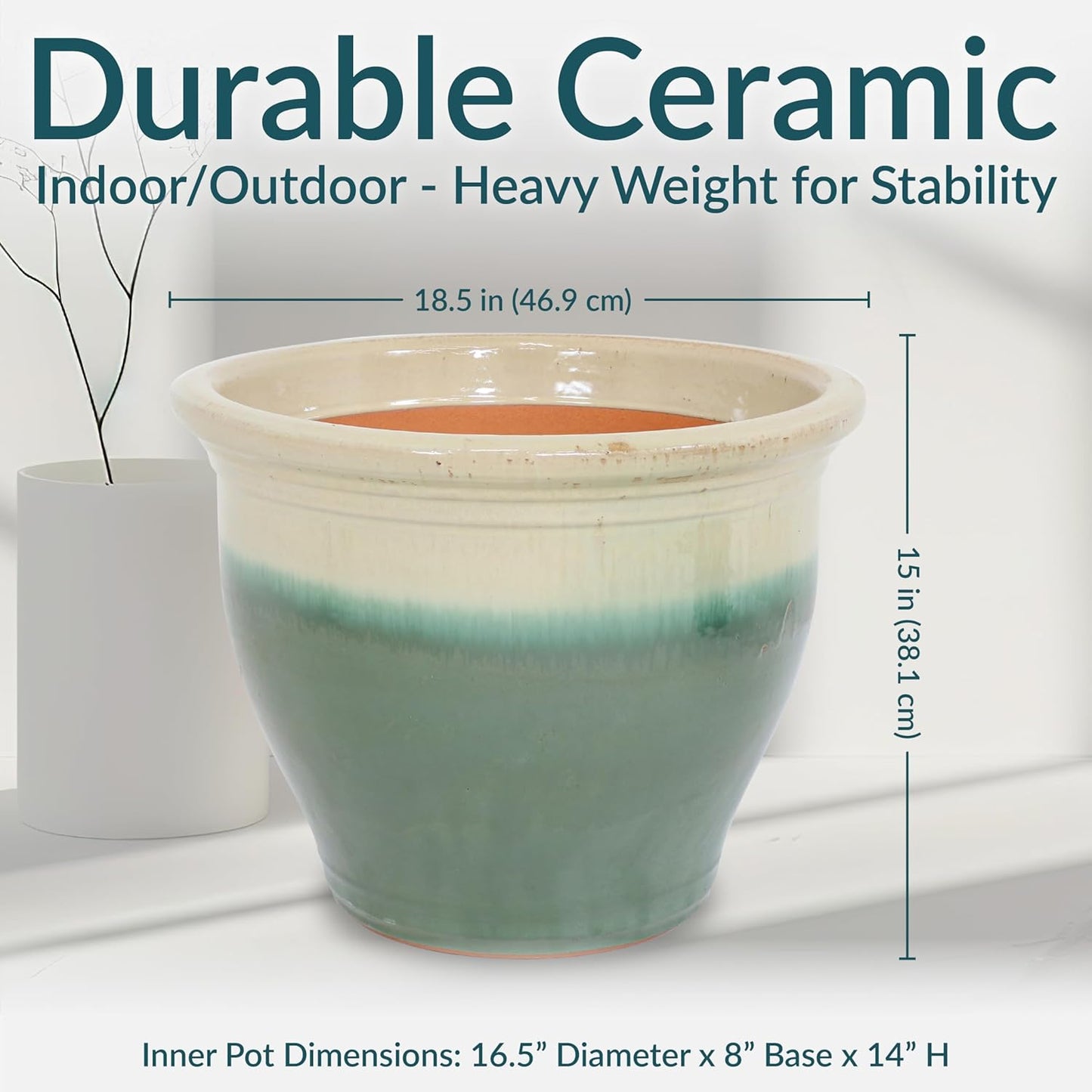 Sunnydaze Studio Large Ceramic Plant Pot - Round Outdoor Glazed Ceramic Planter Pot with Drainage - Gray - 18.5"