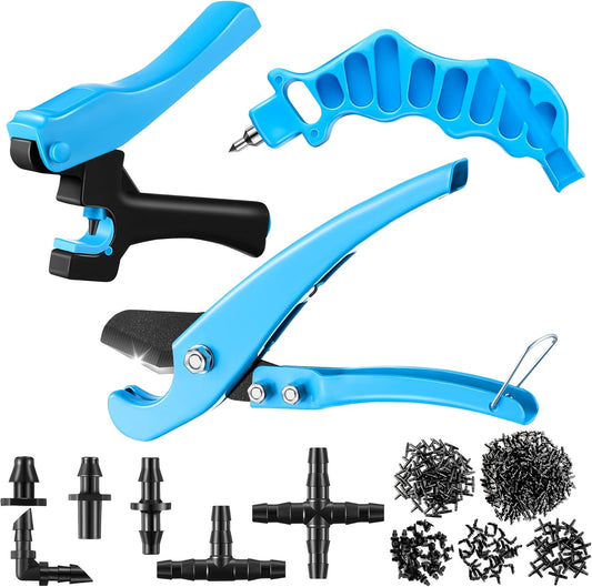 Feekoon Drip Irrigation Punch Hole Tubing Cutter Tools with Barbed Connectors, 2-in-One Drip Tubing Hole Punch for 1/4 Inch Fitting 16 20 25 mm PE Pipe and Emitter(345 Irrigation Plugs)
