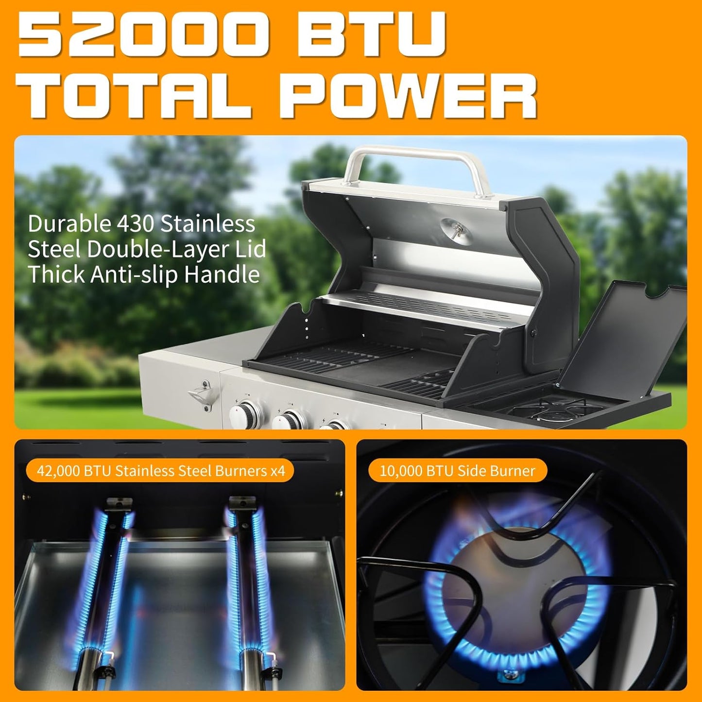 CIG GARDEN 4 Burner Propane Gas Grill with Side Burner,3 in 1 Propane Gas BBQ Grill,Double-layer Stainless Steel BBQ Grill Lid with Cast Iron Grates,52000 BTU Output for Camping, Patio, Backyard