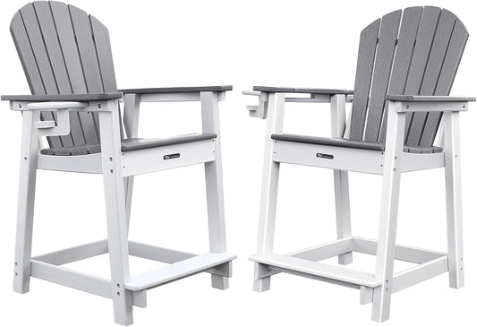 Tall Adirondack Chairs Set of 2, Adirondack Barstools, Weather Patio Garden Pool Fire Pit Balcony Outdoor Bar Stools HDPE Plastic Barstools with Backs for Garden, Backyard, Yard (Grey)