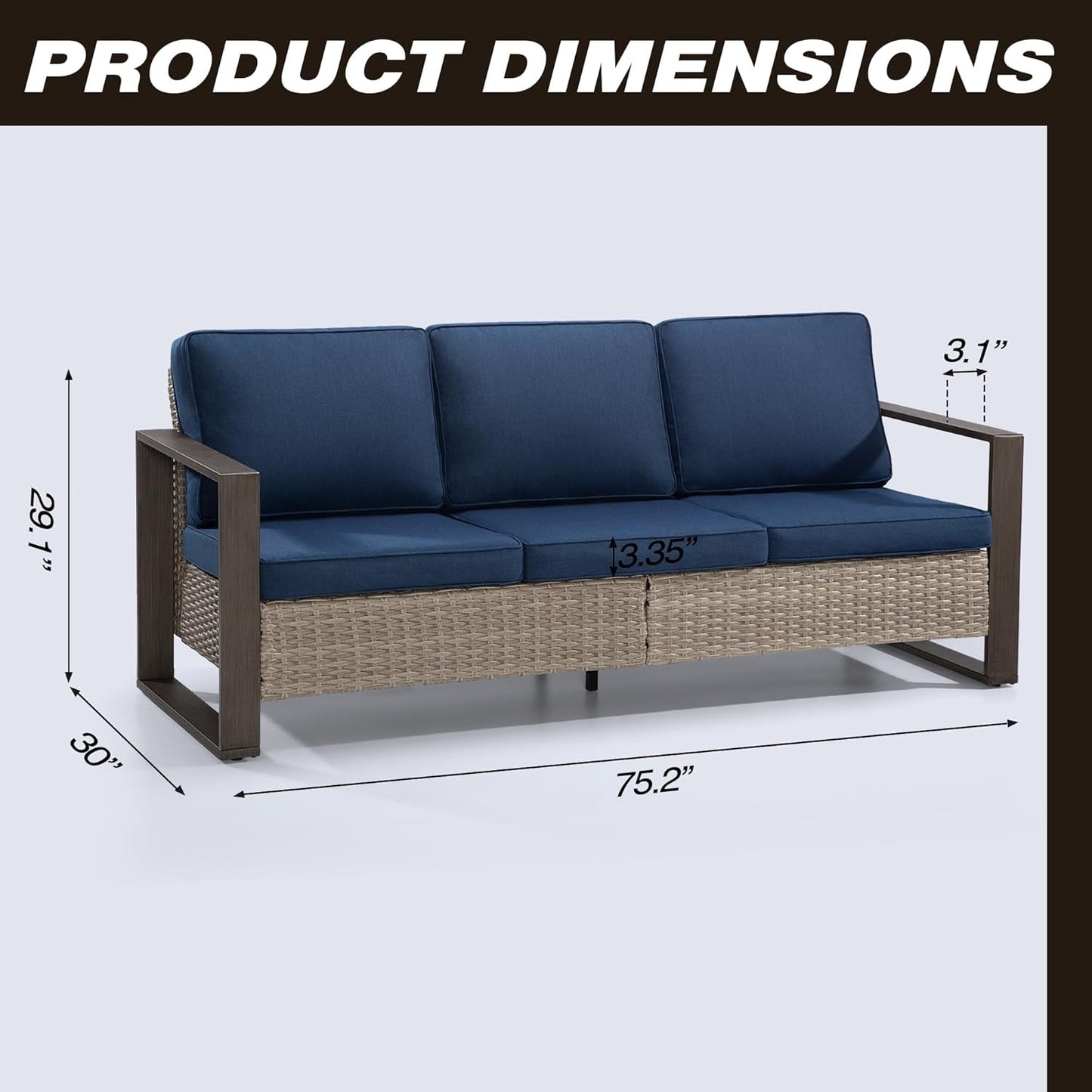 Joyside Outdoor Patio Wicker Sofa, 3-Seater Rattan Sofa with Thick Olefin Cushions and Metal Steel Rectangular Framed Armrest -Looking Metal Armrest Suitable for Garden, Backyard, Porch, Deck (Blue)