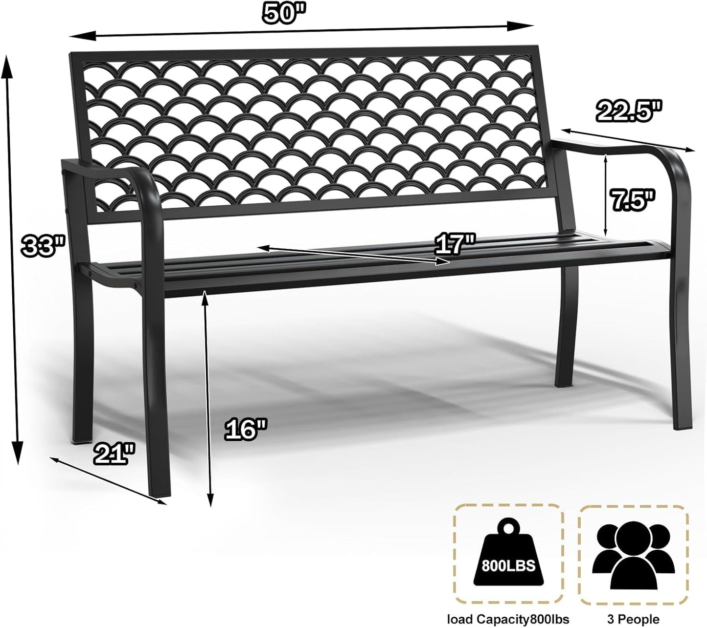 50" Heavy Duty Outdoor Bench, Wrought Iron Weatherproof Garden Bench Black Metal Patio Bench for Park Proch Yard 880lbs