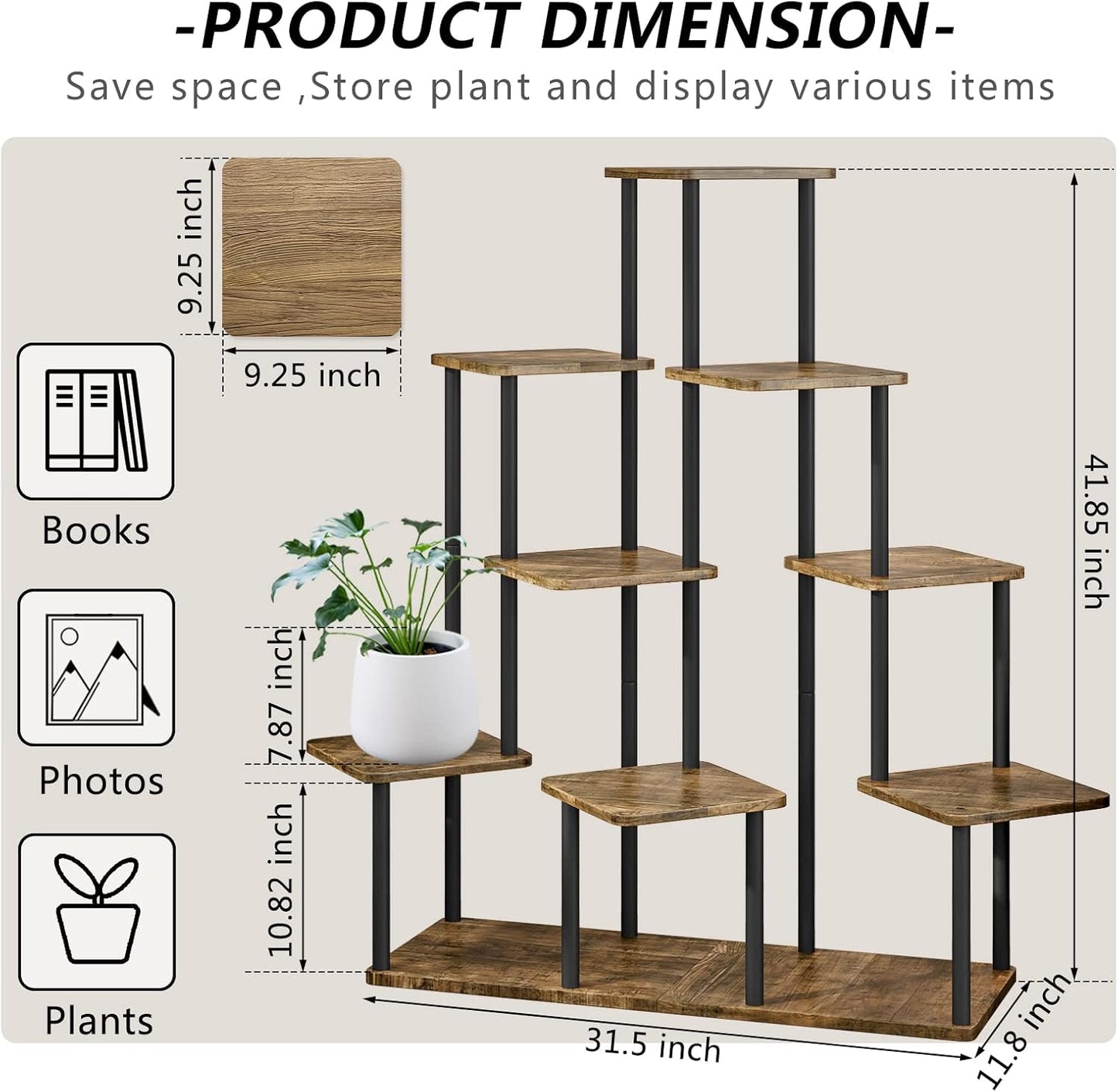 AZERPIAN Plant Stand 9 Tier Indoor Metal Flower Shelf for Multiple Plants Corner Tall Flower Holders for Patio Garden Living Room Balcony Bedroom, Black+Rustic Brown