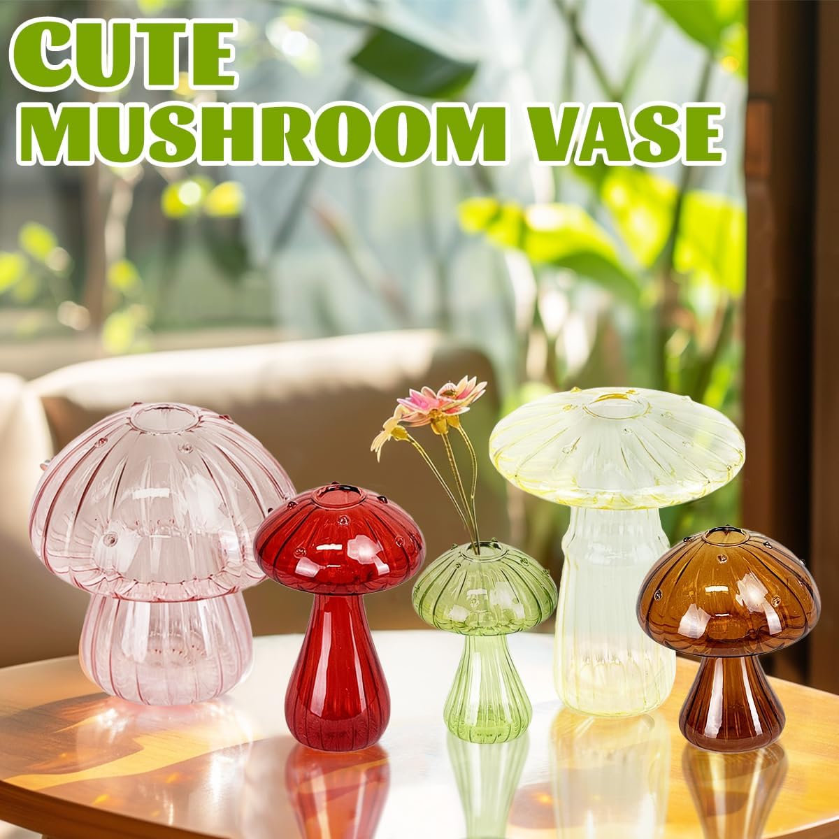 5 Pcs Mushroom Glass Planter for Plants, Stylish Unique Mushroom Vase for Home Decoration,Colorful Propagation Jars,Ideal Gardening Companion and Creative Floral Arrangement