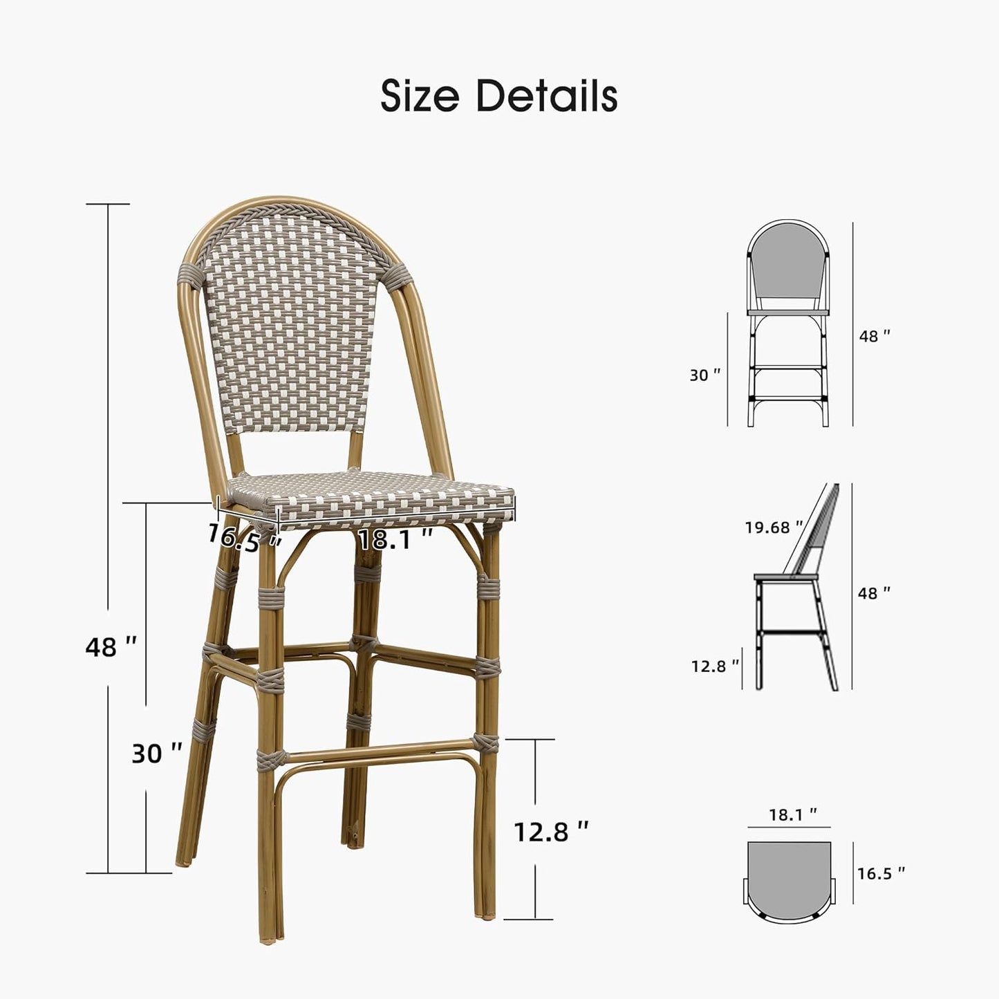 PURPLE LEAF French Bar Stool Set of 4 Bamboo Print Finish Patio Bar Stools with Back Wicker Bar Height Stool 30" with Footrest Kitchen Island Stools Outdoor Barstool Grey
