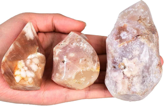 AMOYSTONE Cherry Blossom Agate Flame Shaped Stone Towers Obelisk Flower Agate Natural Healing Crystal Quartz Reiki Energy Decoration Home Office Small 1.0LBS