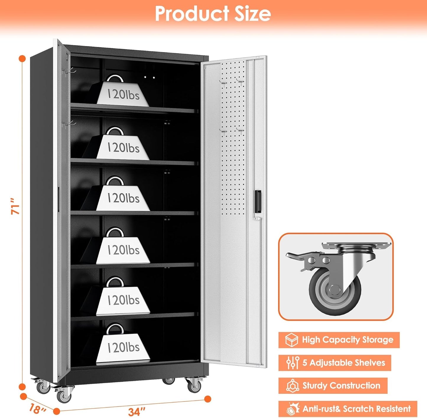 Aobabo Garage Metal Storage Cabinet with Wheels, 71" H×34" W×18" D Locking Steel Storage Cabinet with 5 Shelves and 4 Hooks, for Home Office, School, Assembly Required, Black Silver