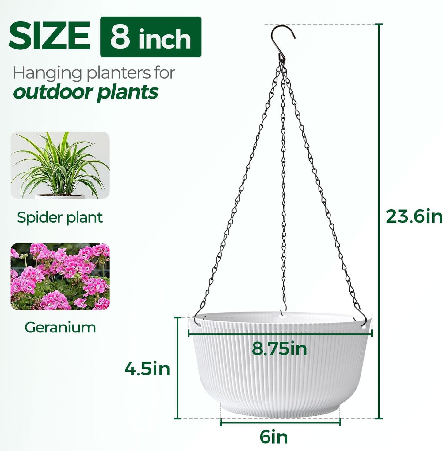 T4U Hanging Planter Self Watering 8 Inch, 2 Pack White Indoor Outdoor Hanging Plant pots, Hanging Flower Pot with Drainage Hole & Plug & Chain with 3 Hooks for Garden Home Decor