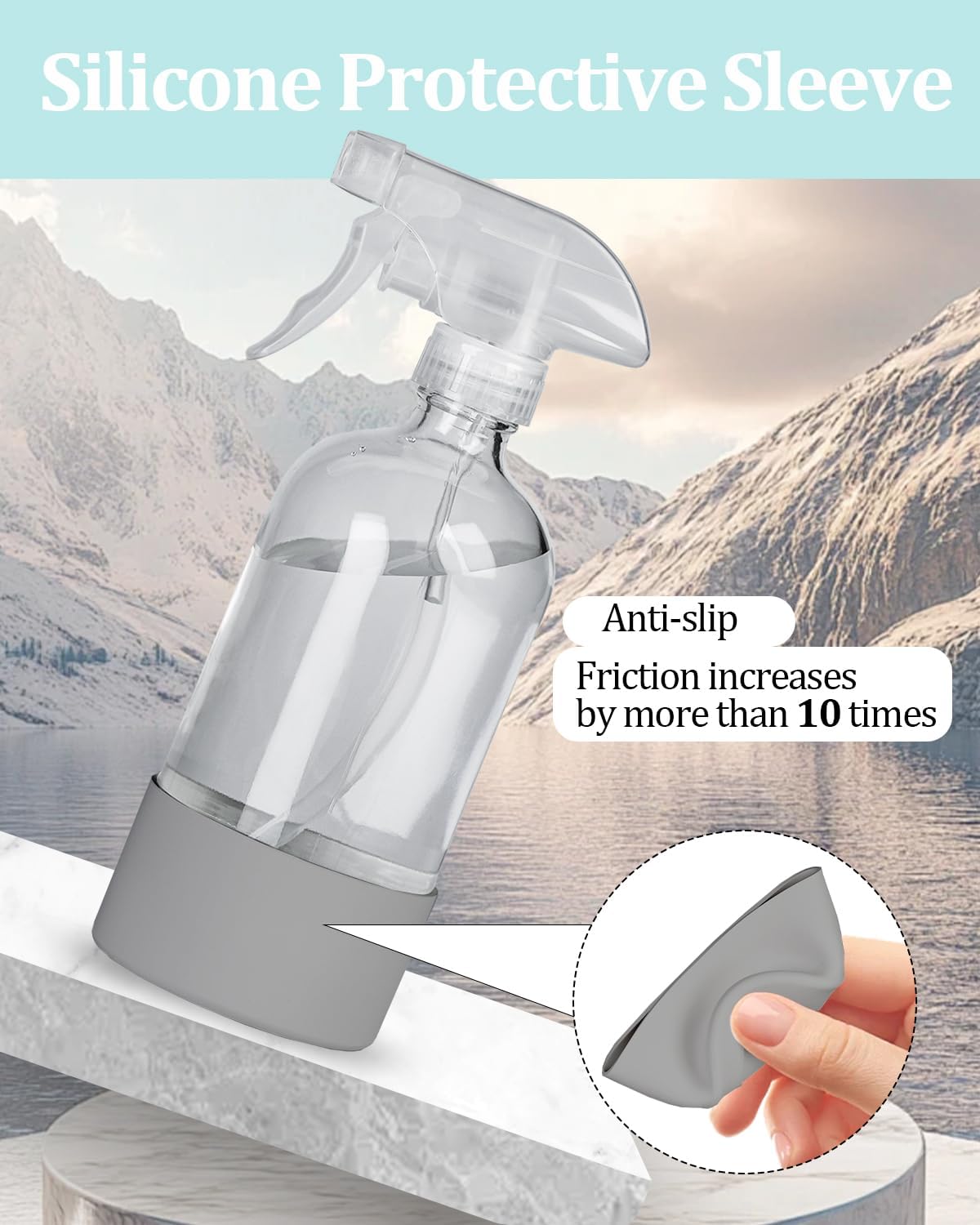 2 Pack 360° Glass Spray Bottles with Silicone Sleeve, 16 oz Empty Refillable Containers with Adjustable Spray Nozzles, Spray Bottles for Hair, Cleaning Solutions and Plants Grey