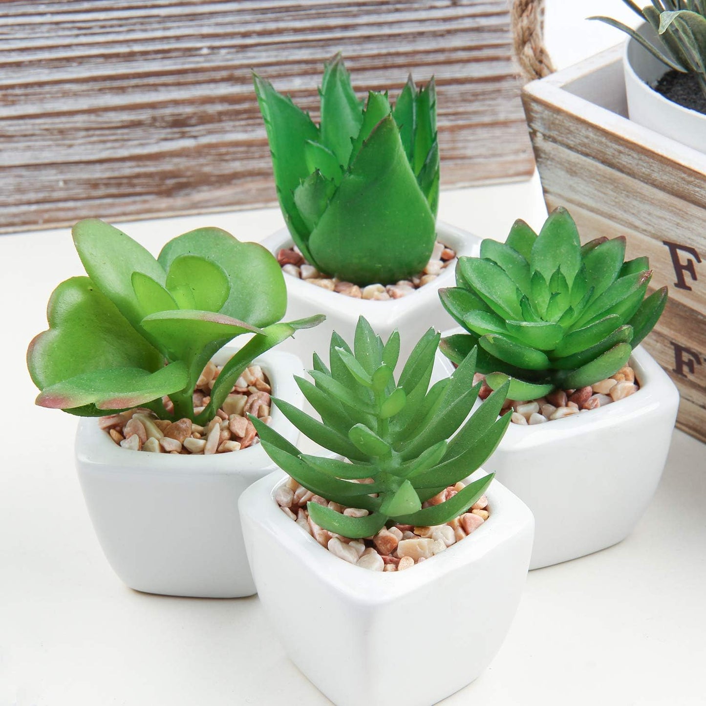 Hollyone Succulents Plants Artificial 4Pcs Small Fake Succulents in Pots Faux Plastic Potted Plants with White Ceramic Pot for Home Decor Office Desk Bathroom Shelf Indoor & Outdoor Decoration