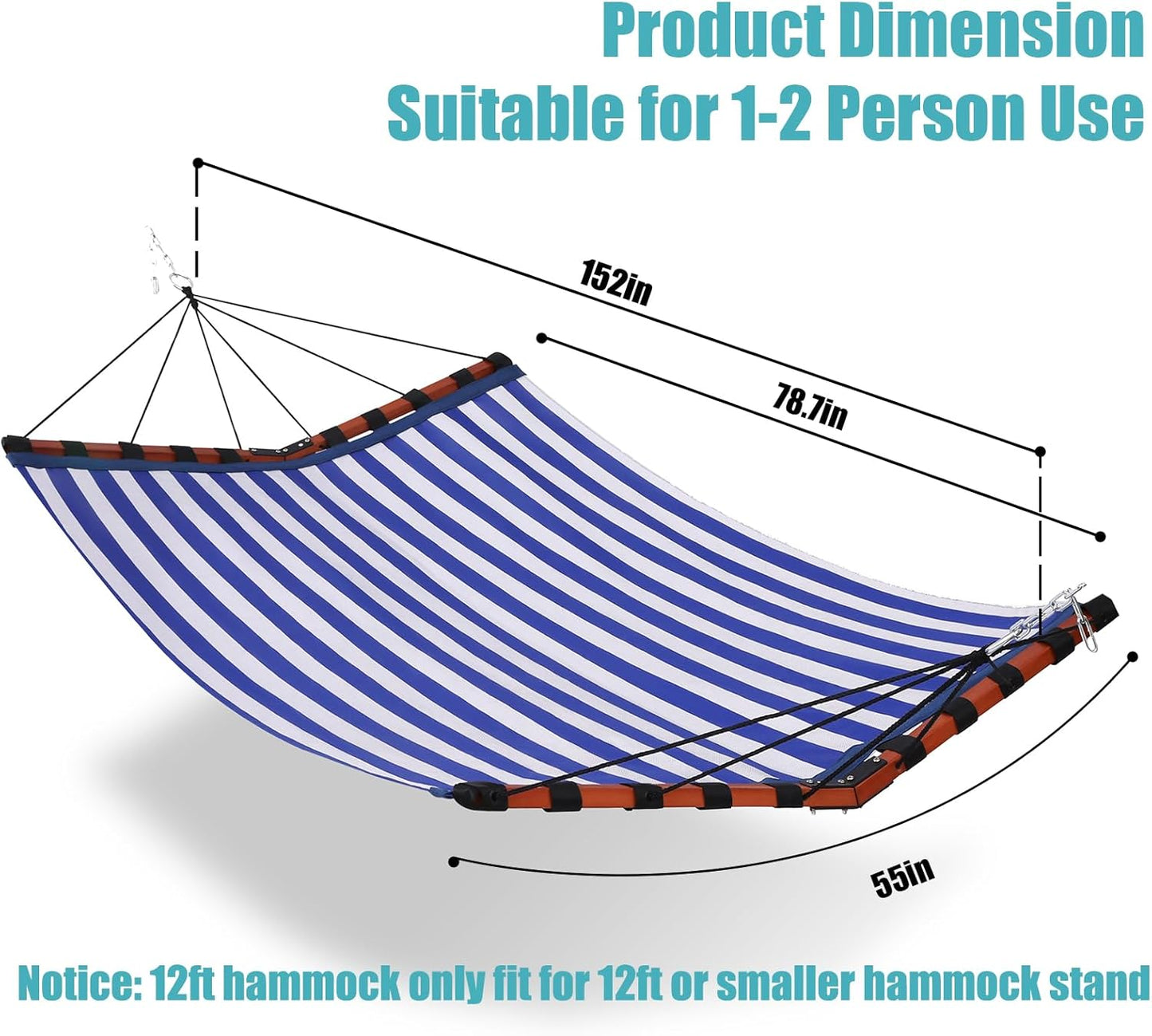 TegerDeger 12FT 2 Person Hammock Large Hammock Quick Dry 450LB Capacity with V Shaped Hardwood Spreader Bar & Nylon Rope for Outside, Patio, Garden, Backyard, Beach, Poolside - Blue Stripes