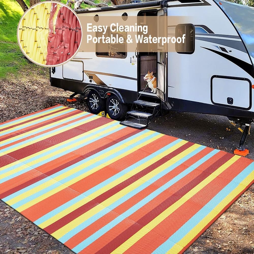 Outdoor Waterproof Rug 9'x12' Plastic Straw Rugs Washable Reversible Floor Mat Rainbow Stripe Carpet for Camping RV Deck Entryance Porch Picnic Balcony Beach Backyard