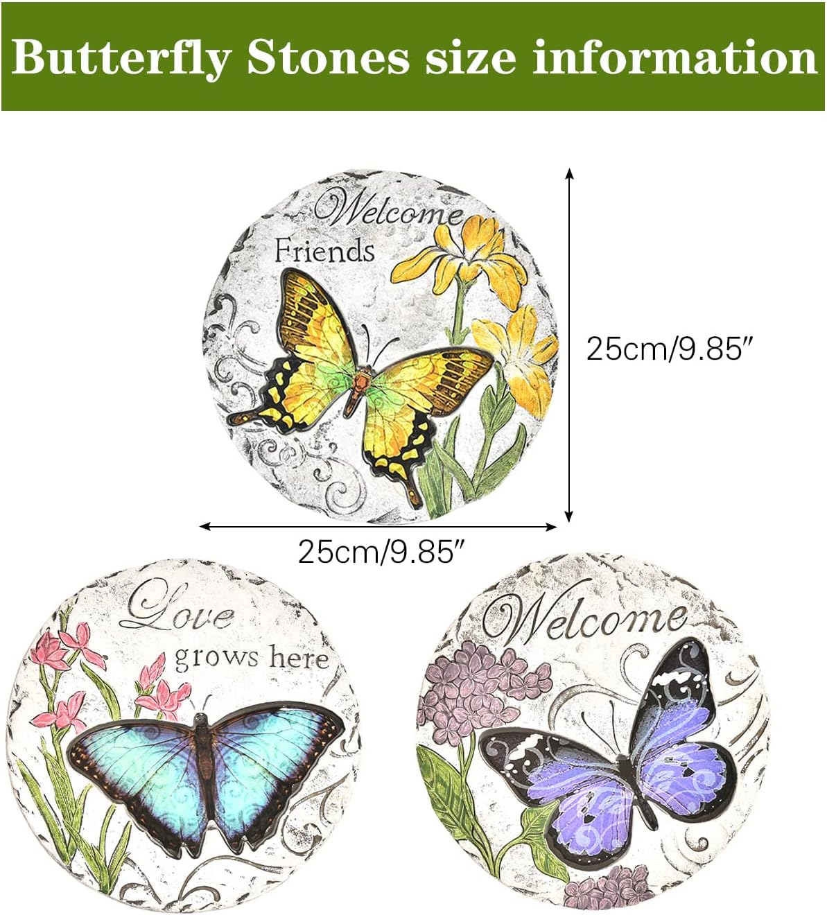 Sungmor 3PC Pretty Garden Stepping Stones, 9.8" Large Concrete Decorative Stones with Beautiful Pattern, Unique Outdoor Lawn Accents, Yard Walkway Flower Bed Wall Shelf Welcome Friends Decorations
