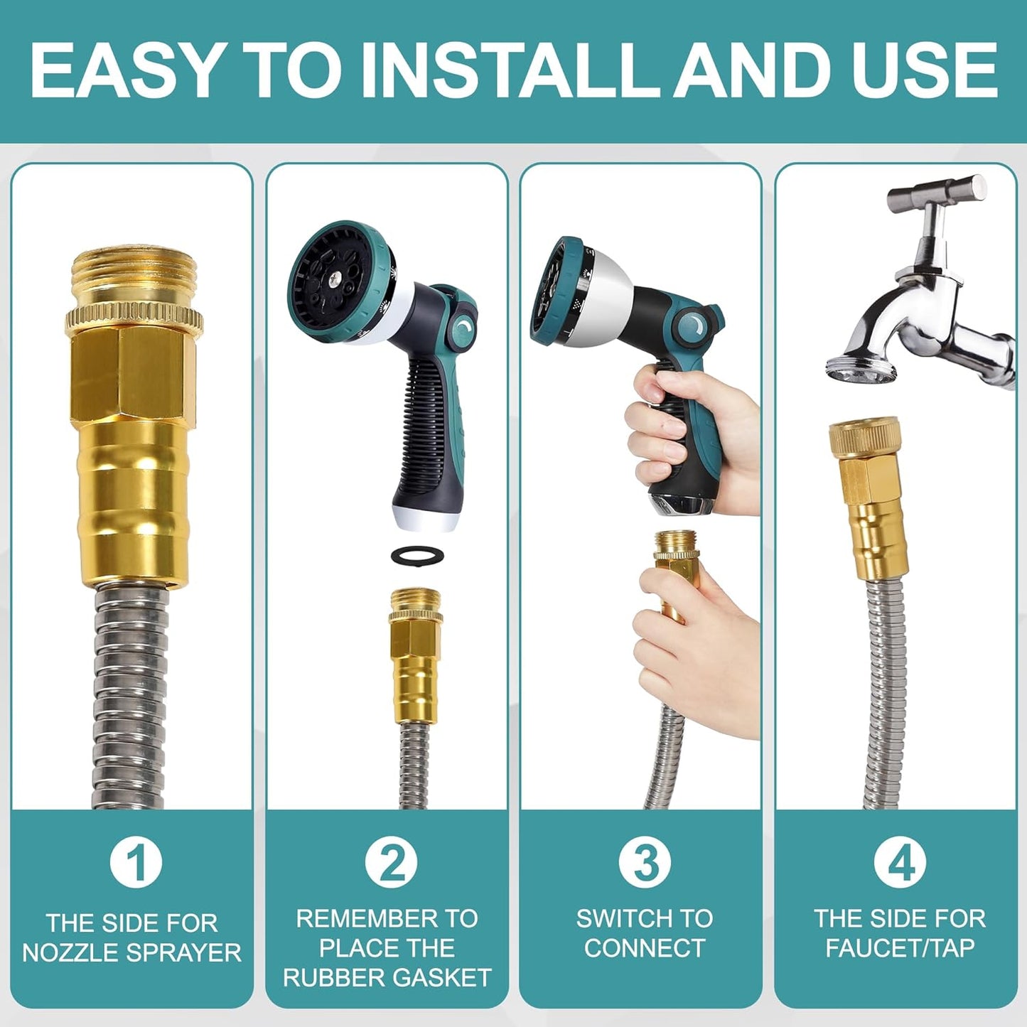 25FT 5/8'' Garden Hose, 304 Stainless Steel Water Hose, Flexible with a 10-Mode Nozzle Sprayer, No Kink, Lightweight, Puncture Proof Metal Hose, Ideal for Yard, Lawn, Outdoor