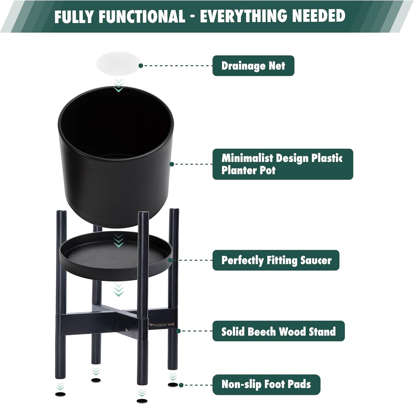 D'vine Dev Planter Pot with Stand - 8 Inch Plastic Cylinder Flower Pot with Wood Planter Holder for Indoor, Matte Black Pot + Ebony Stand, 55-C-K-2