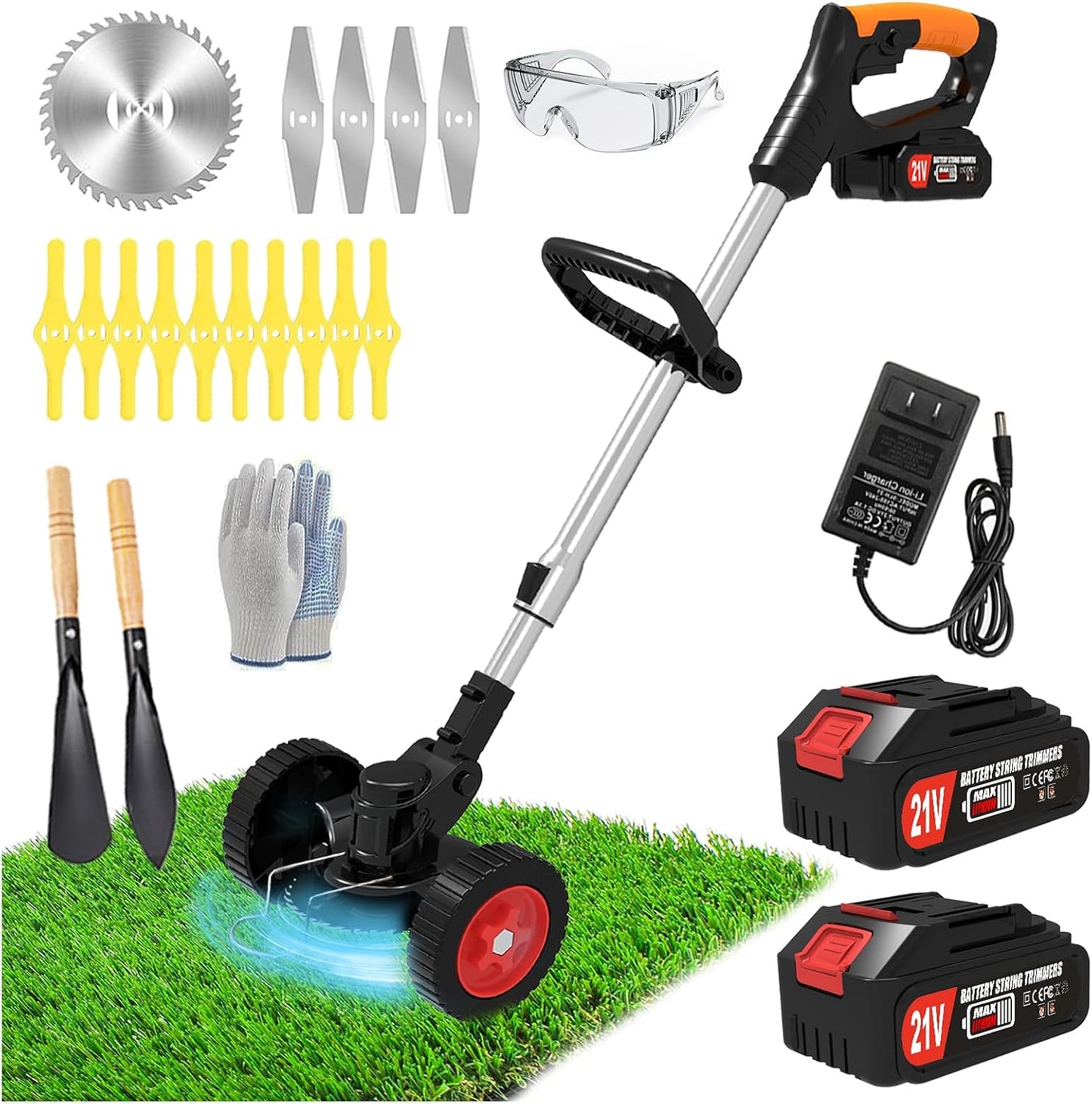 Electric Weed Wacker Eater Cordless, Weed Wacker Battery Powered, Weed Trimmer with 2 21V/2Ah Battery Operated & 15 Blades & Wheels, No-String Grass Trimmer/Brush Cutter/Edger for Garden Yard