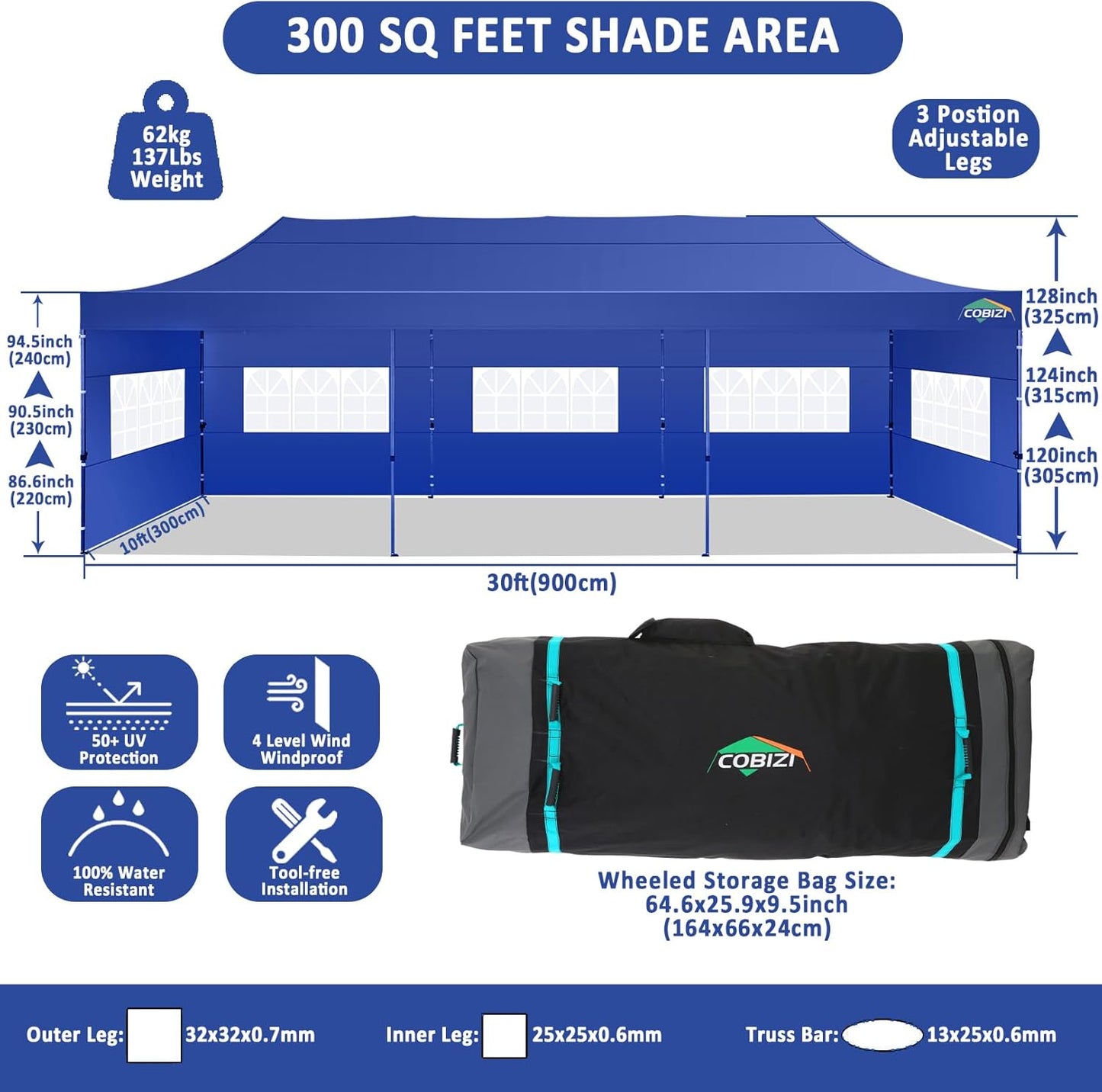 COBIZI 10x30 Pop Up Canopy with 8 Sidewall,Heavy Duty Canopy UPF 50+ All Season Wind Waterproof Commercial Outdoor Wedding Party Tents for Parties Canopy Gazebo with Roller Bag(10 x 30 ft Dark Blue)