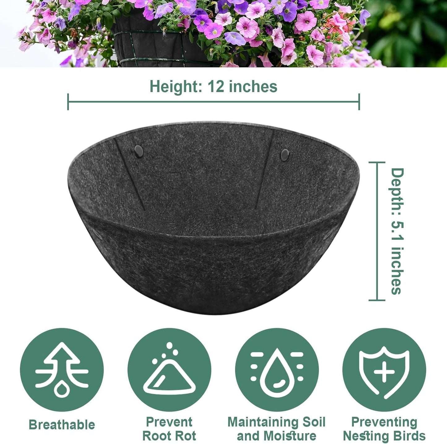 Riare 8 Pack 12 Inch Round Fabric Planter Basket Liner- Hanging Basket Liners Replacement Coco Fiber Liner Alternative for Hanging Basket Flowers (Prevent Birds from Nesting)