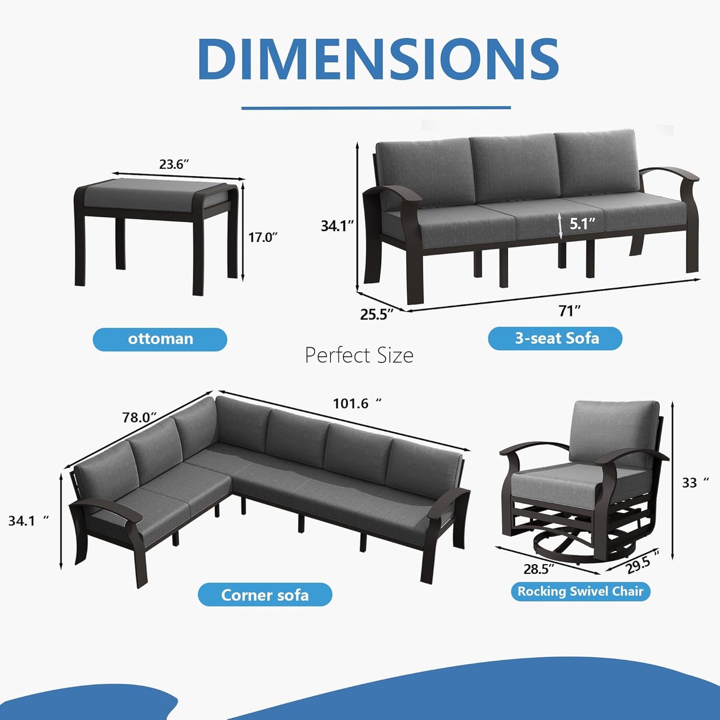 Aluminum Patio Furniture Set with Fire Pit Table, 11 Seats Outdoor Patio Conversation Set with Swivel Chair Modern Metal Patio Sectional Sofa with Coffee Table for Patio, Backyard(Grey).