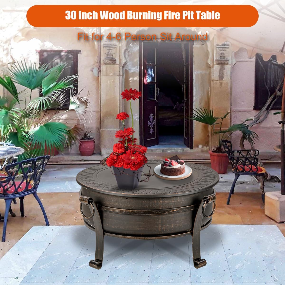 36 Inch Fire Pit with Grill & Lid, Fireplace & Round Table & BBQ 3 in 1 Fire Pit,Heavy Duty Wood Burning Fire Pits for Outside with Fire Poker, Waterproof Cover & Log Grate