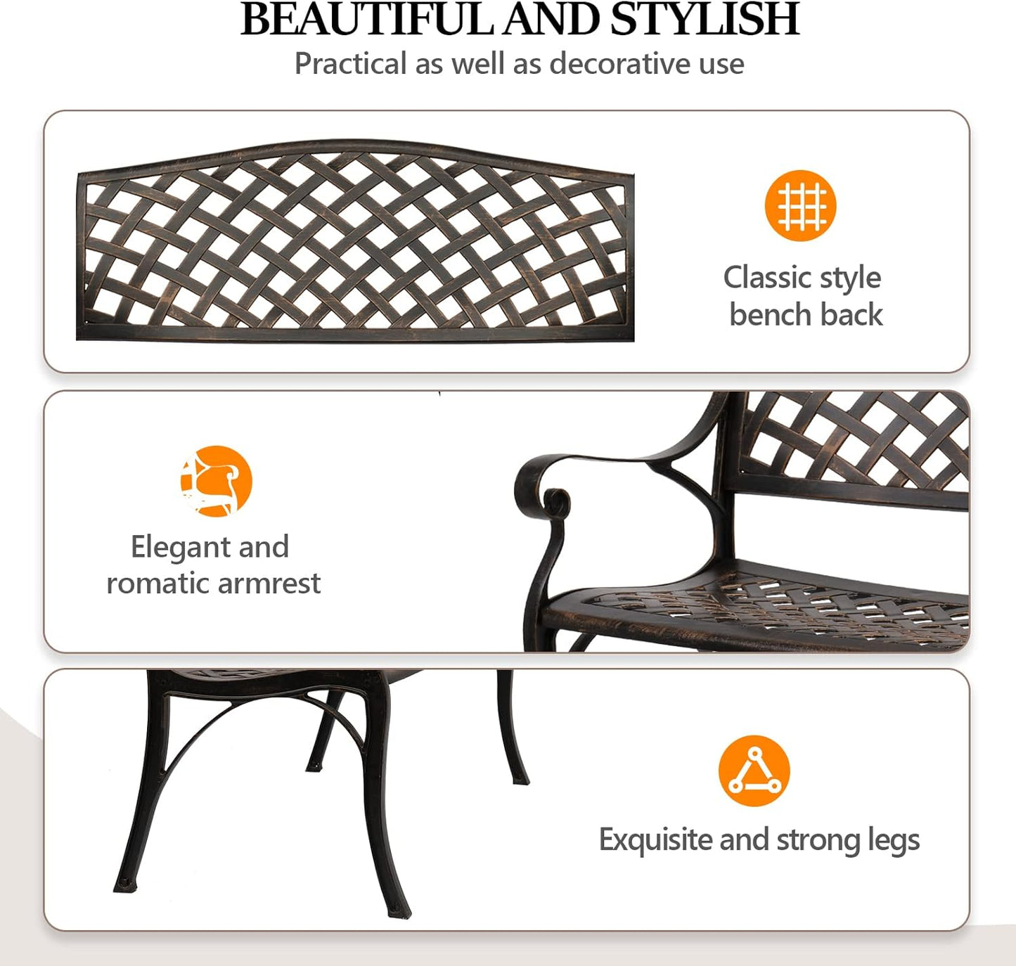 VINGLI 40.5" Patio Garden Bench,Anti- Rust Cast Iron Cast Aluminum Frame for Outdoor Path Yard Lawn Work Entryway Decor Deck (Brown)