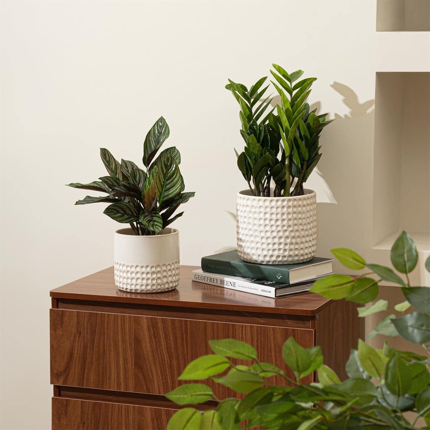 La Jolie Muse Ceramic Planter Flower Plant Pots- 6.7+5.5 Inch Concave Dot Patterned Cylinder Flower Pot W/ Drain Hole for Indoor, Set of 2, Ivory