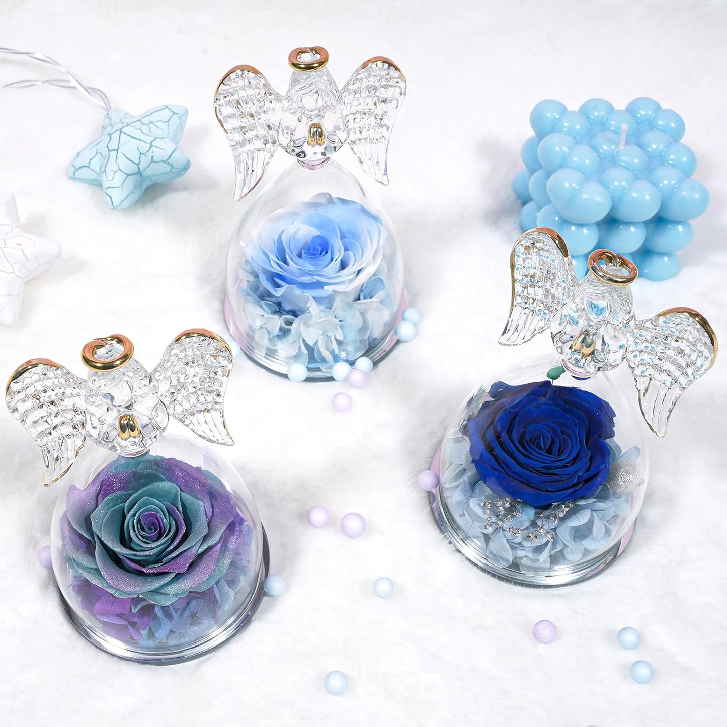 Yamonic Birthday Gifts for Mom Women, Angel Figurines with Real Rose Gifts for Her Mom Grandma, Mothers Day Preserved Flowers Rose for Christmas Valentine's Day (White+Blue)