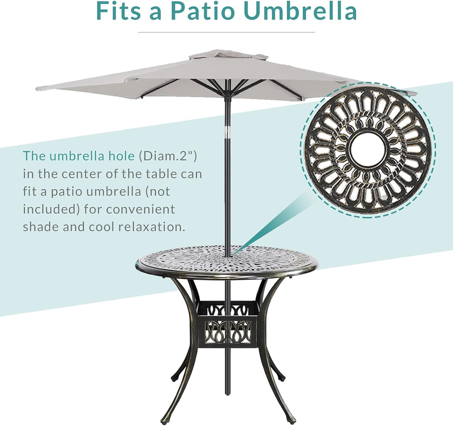 MEETWARM 3 Piece Patio Bistro Set, Outdoor All-Weather Cast Aluminum Dining Furniture Set Includes 2 Cushioned Chairs and a 35.4” Round Table with Umbrella Hole for Garden Deck