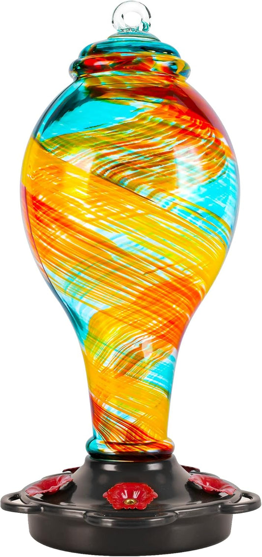 LUJII Hand Blown Glass Hummingbird Feeder for Outdoors Hanging with Ant Moat, 36 fl.oz, Leak Proof & Rustproof, Metal Base with 5 Feeding Ports & 5 Perches, Unique Garden & Backyard Decor (Ribbon)