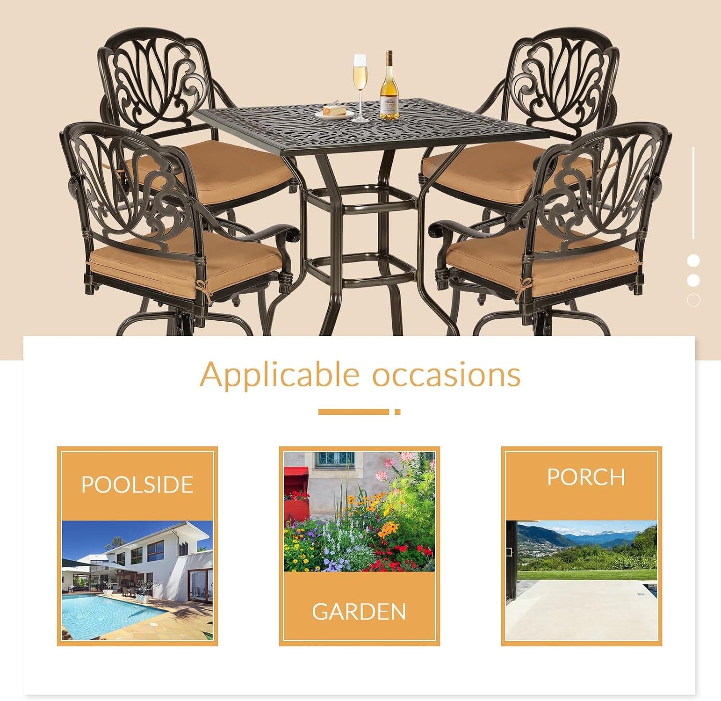 5 Pieces Patio Swivel Bar Set, Patio Bar Table and Chairs Set, All-Weather Cast Aluminum Outdoor Swivel Bar Stools of 4 and 35.4" Square Bar Table, High Top Bistro Set for Deck, Pool, Garden