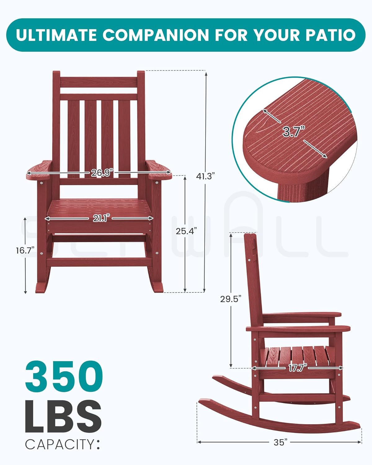 SEWALL HDPE Rocking Chair, Oversized Outdoor Rocking Chair for Adults, Patio Rocker for Porch, Crimson Red