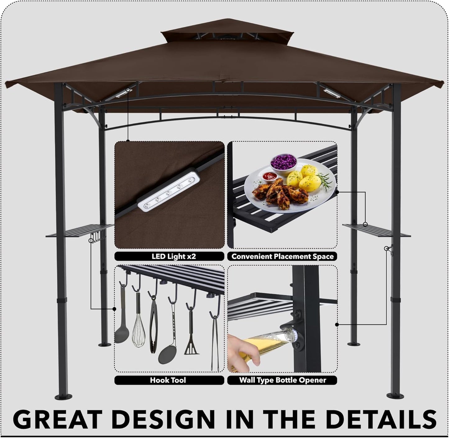 MASTERCANOPY 8 x 5 Grill Gazebo Outdoor BBQ Gazebo Canopy with 2 LED Lights (Brown)
