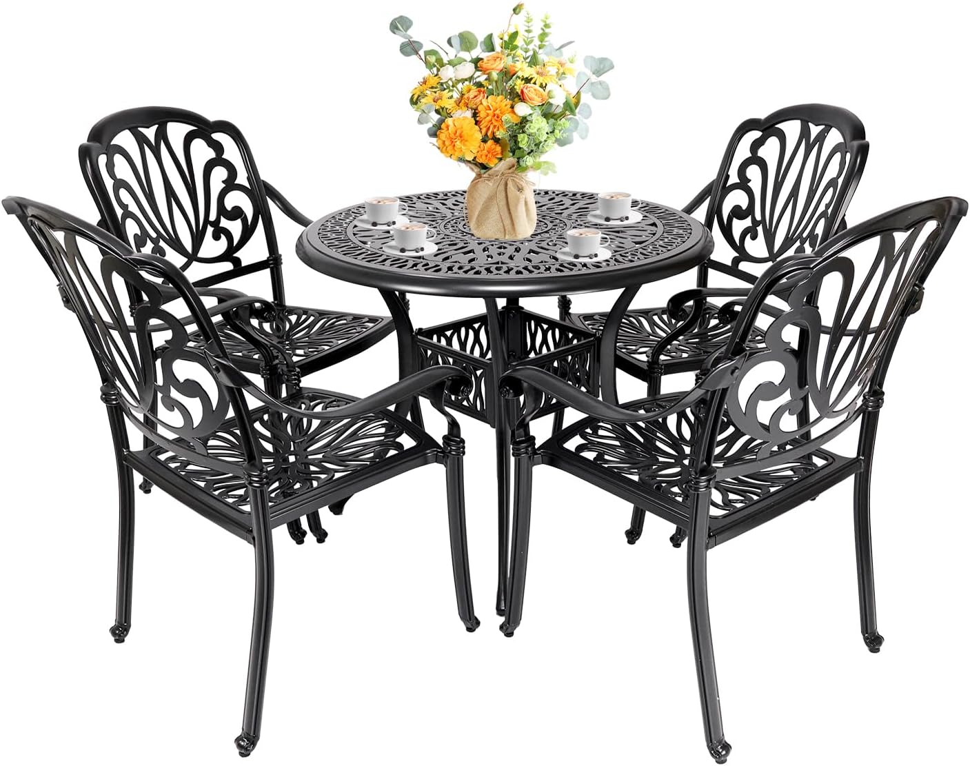 Cast Aluminum Dining Set 5 Piece Outdoor, Patio Conversation Furniture Set, Patio Table and Chairs Set of 4 for Garden Backyard, Black