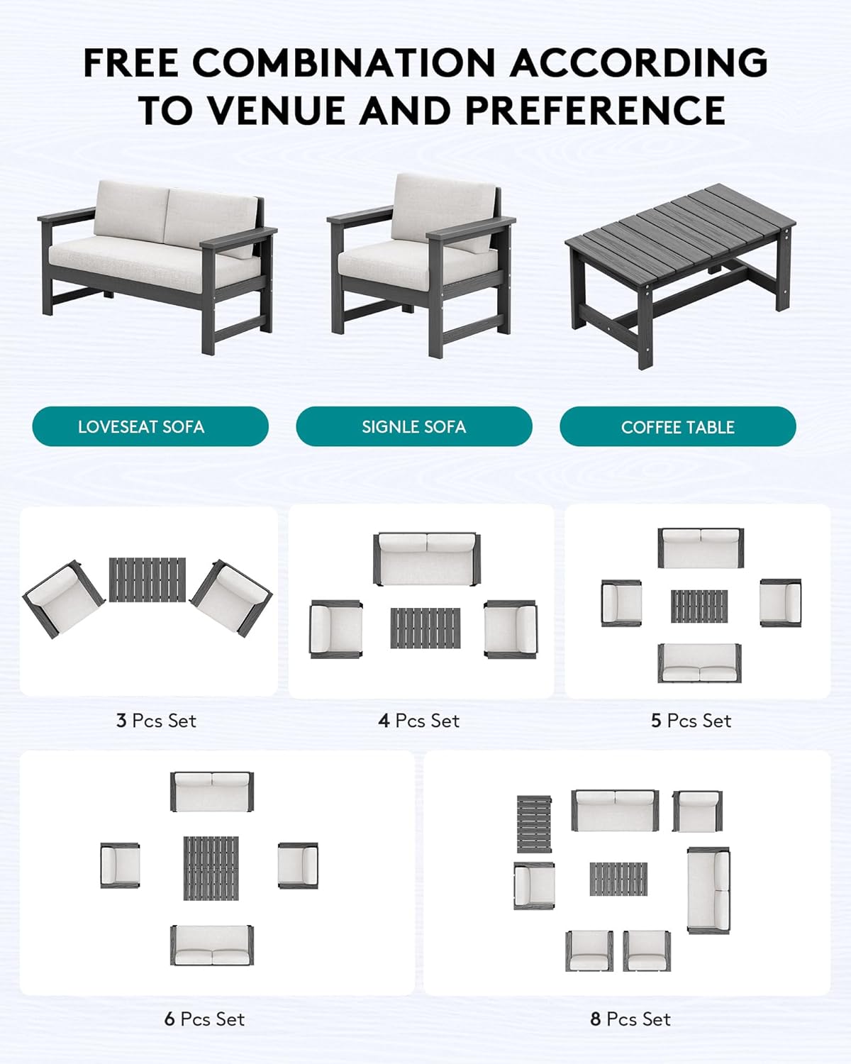 SERWALL Gray HDPE Outdoor Loveseat with Khaki Cushions, All Weather Use Outdoor Loveseat Sofa, Gray Frame with Khaki Cushions