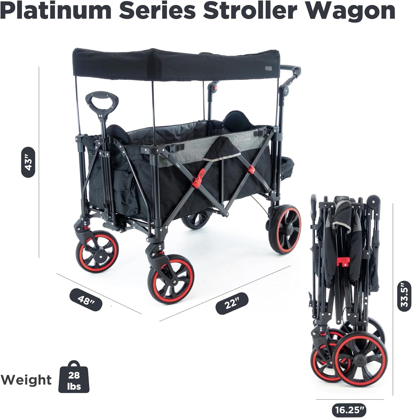 Creative Outdoor Push Pull All-Terrain Collapsible Folding Stroller Wagon for Kids, 150lbs Weight Capacity, Platinum Series, Beach, Park, Garden & Tailgate, (Black)