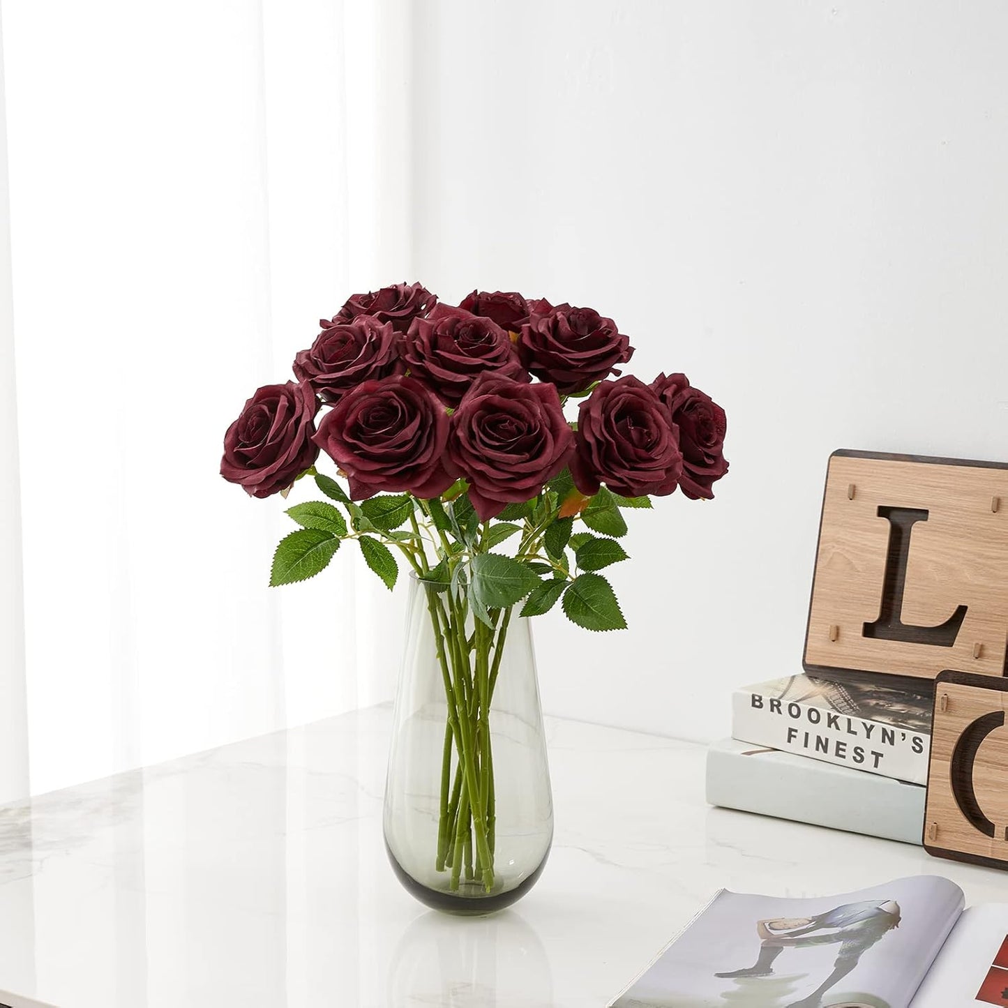 Artificial Rose 10pcs Open Flower Bouquet Faux Rose Stems for Wedding Arrangement, Bridal Bouquet, Centerpiece, Fake Faux Silk Flowers (Burgundy)