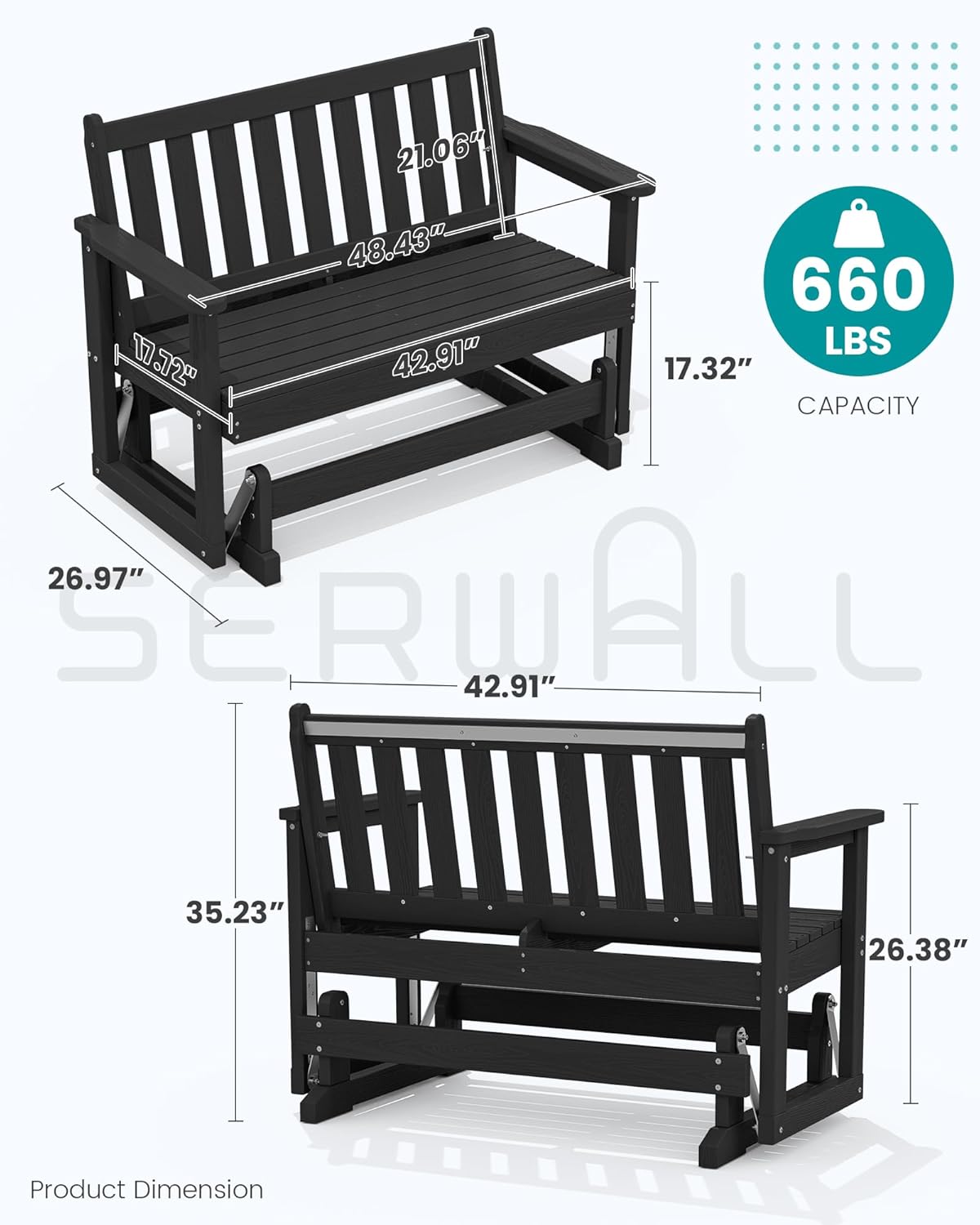 SERWALL 2 Person Patio Glider Bench, HDPE Material Weather-Resistant Swinging Bench for Outdoor Porch Garden, Black