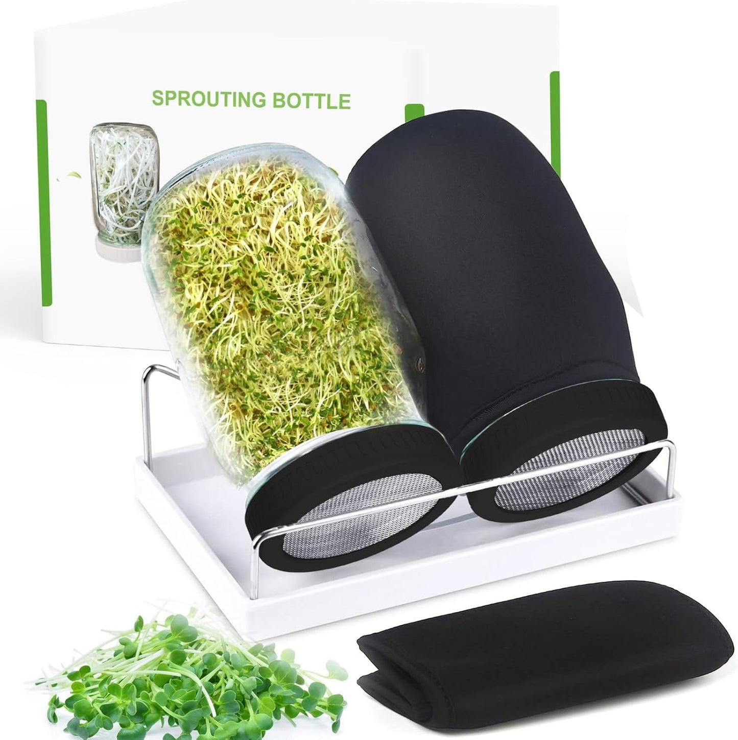 Organic Seed Sprouting Jar Kit – 2 × 32 oz Wide-Mouth Mason Jars with Stainless-Steel Sprouter Lids & Stand, Blackout Sleeves, Drain Tray – Grow Broccoli, Alfalfa & Bean Microgreens