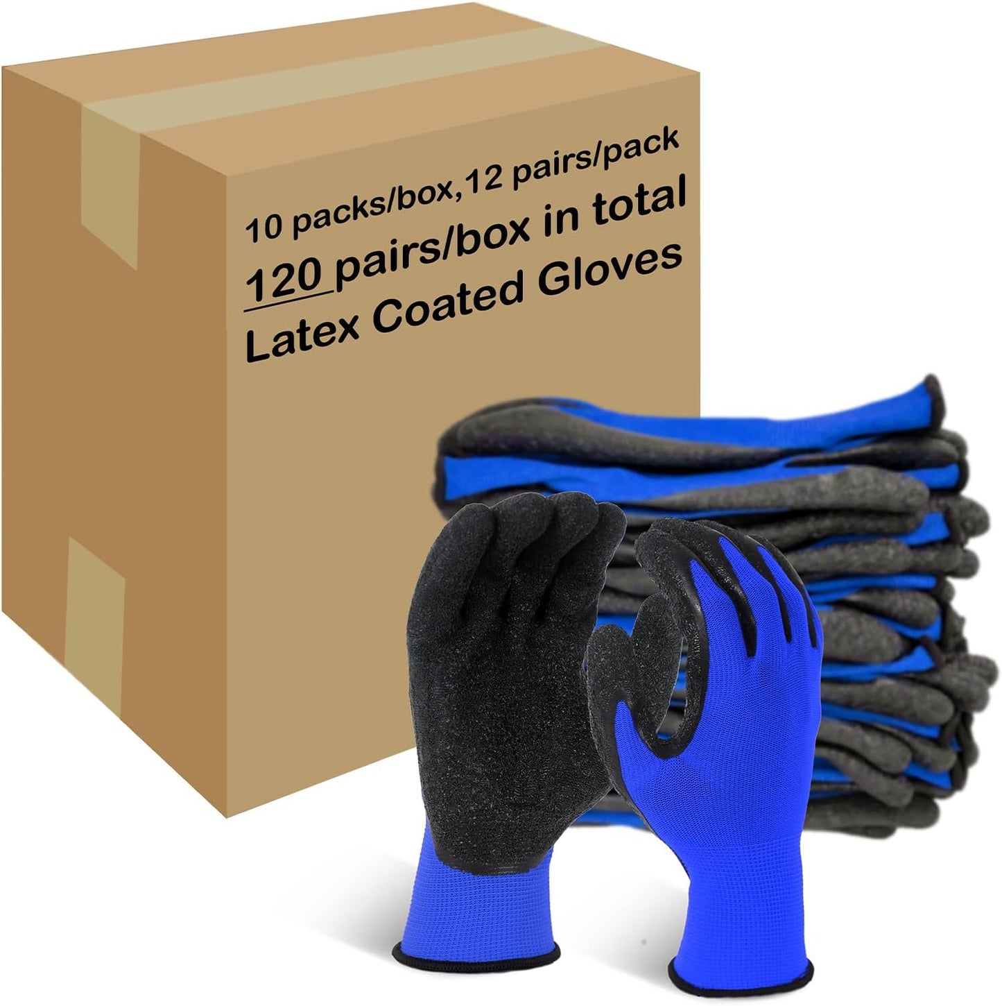 Evridwear Crinkle Latex Rubber Hand Coated Safety Work Gloves for Men Women General Multi Use Construction Warehouse Gardening Assembly Landscaping (L-Size) Blue 120 Pairs Pack